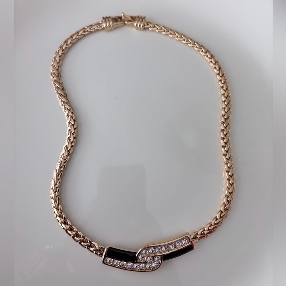 Authentic Swarovski Swan Black Enamel Crystal Wide Gold Chain Necklace